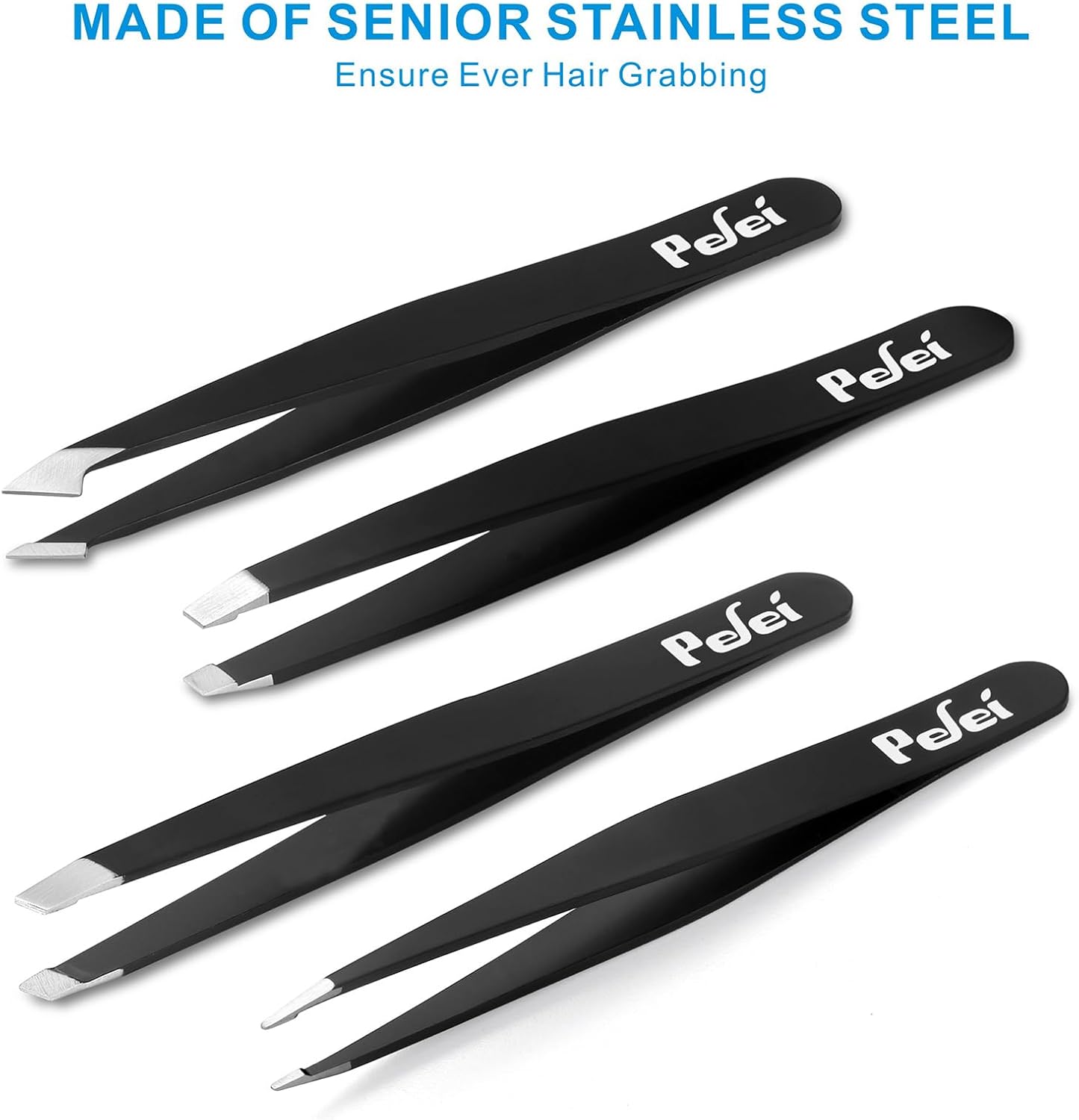 Pefei Tweezers Set - Professional Stainless Steel Tweezers for Eyebrows - Great Precision for Facial Hair, Splinter and Ingrown Hair Removal (Black)