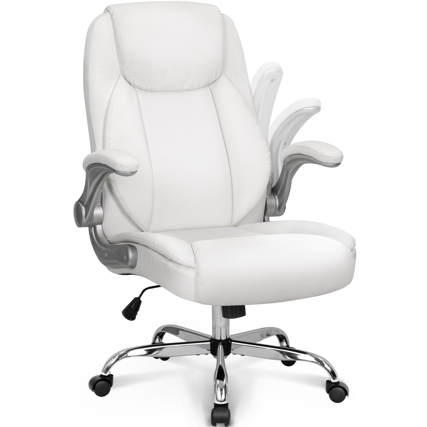 NEO CHAIR Ergonomic Office Chair PU Leather Executive Chair Padded Flip Up Armrest Computer Chair Adjustable Height High Back Lumbar Support Wheels Swivel for Gaming Desk Chair (White)