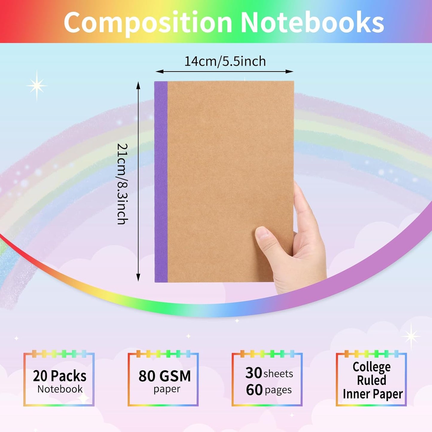 EOOUT 20 Pack A5 Kraft Notebooks, Lined Journal Bulk with Rainbow Spine, 10 Colors, 60 Pages Soft Cover Composition Notebooks for Women Girls Kids, School Office Supplies