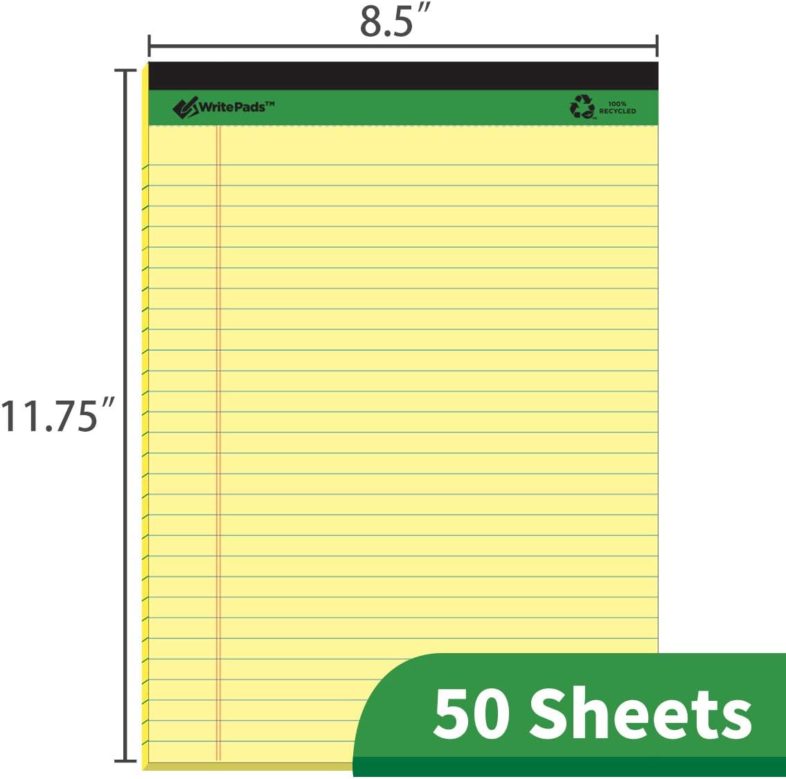 KAISA Legal Pads Writing Pads Recycled Paper, 8.5"x11.75" Wide Ruled Perforated 50 sheets Notepads 8-1/2"x 11-3/4" Writed Pad, Canary (Pack of 12pc) KSU-5668