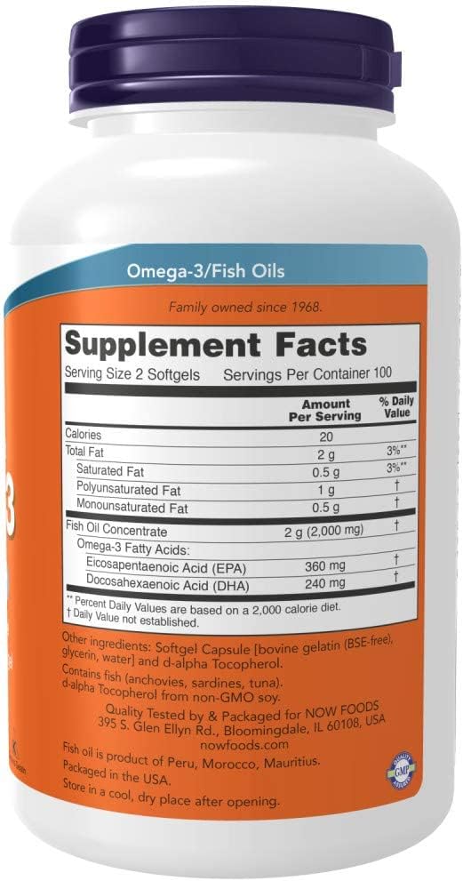 NOW Foods Supplements, Omega-3 180 EPA / 120 DHA, Molecularly Distilled, Cardiovascular Support*, 200 Softgels