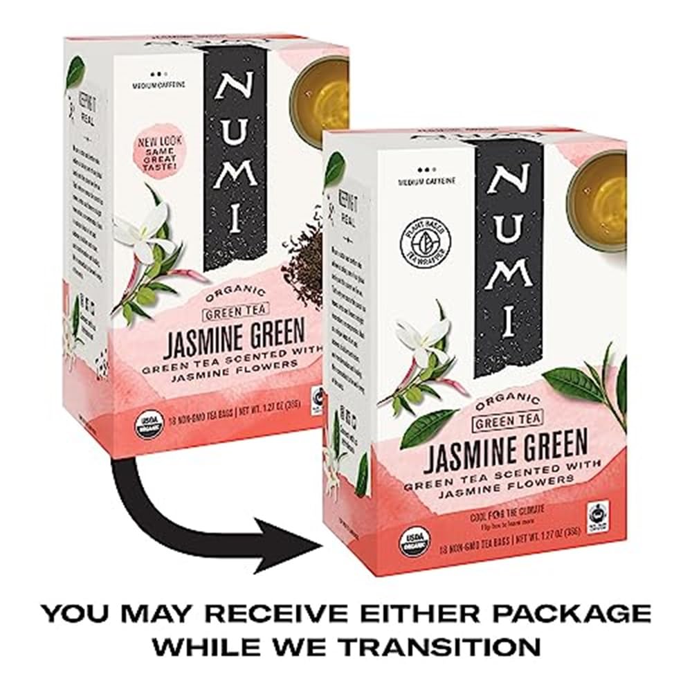 Numi Organic Jasmine Green Tea, 18 Tea Bags (Pack of 3), Floral Green Tea, Caffeinated (Packaging May Vary)