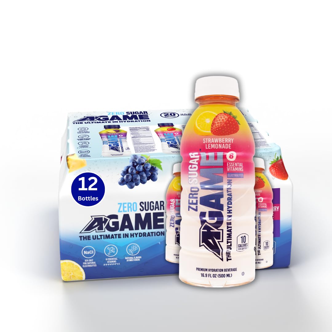 A-Game Zero Sugar Sports Drink, Strawberry Lemonade Zero, Sugar Free Hydration Sports Beverage, 8 Vitamins Plus Electrolytes, Natural Flavors, Gluten Free & Keto Friendly, 16.9 Fl Oz (Pack of 12)