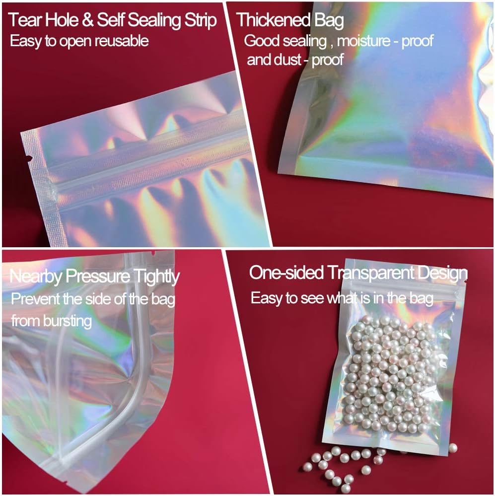 100 Pieces Mylar Holographic Resealable Bags - 4 x 6" Smell Proof Bags, Foil Pouch Ziplock Bags for Party Favor Food Storage (Holographic Color, 4 x 6 Inch)