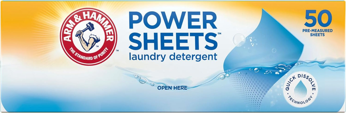 Arm & Hammer Power Sheets Laundry Detergent, Fresh Linen 50ct, up to 100 Small Loads (Packaging may vary)