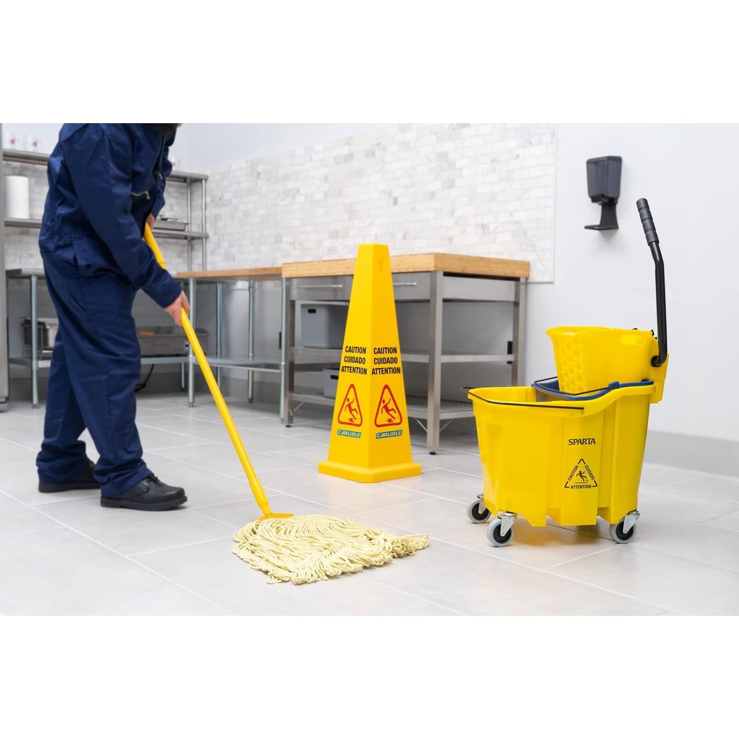 Carlisle FoodService Products Omnifit Mop Bucket with Side Press Wringer and Soiled Water Insert for Floor Cleaning, Kitchens, Restaurants, And Janitorial Use, Polypropylene (Pp), 35 Quarts, Yellow