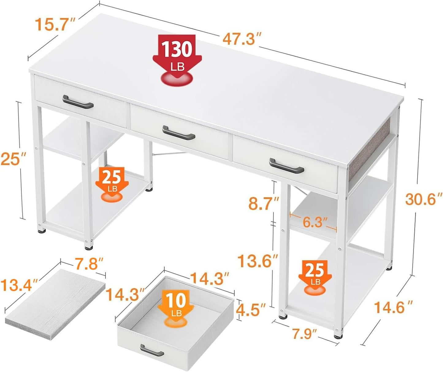 ODK Office Small Computer Desk: Home Table with Fabric Drawers & Storage Shelves, Modern Writing Desk, White, 48"x16"