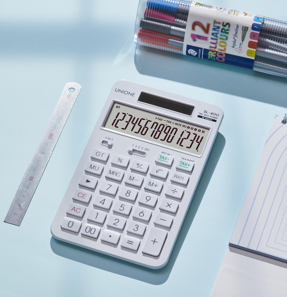 14 Digits Desktop White Calculator with a Bright LCD, Dual Power Handheld Desktop. Color. Business, Office, High School