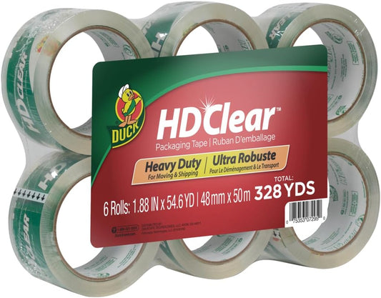 Duck HD Clear Packing Tape - 6 Rolls, 328 Yards Heavy Duty Packaging for Shipping, Mailing, Moving & Storage Clear, Strong Refills Boxes 1.88 In. x 54.6 Yd. (441962)