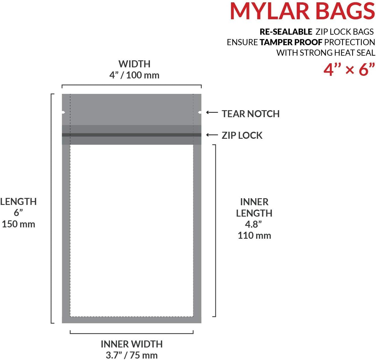 Mylar Bags with Ziplock 4" x 6" | 100 Bags | Sealable Heat Seal Bags for Candy and Food Packaging, Medications and Vitamins | Plastic and Aluminum Foil Packets for Liquid and Solids