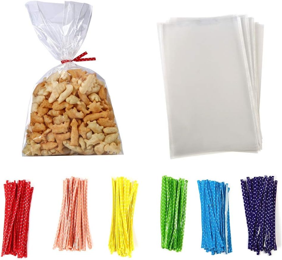 100 Pcs 10 in x 6 in Clear Flat Cello Cellophane Treat Bags Good for Bakery, Cookies, Candies,Dessert(by Brandon)1.4mil.Give Metallic Twist Ties!