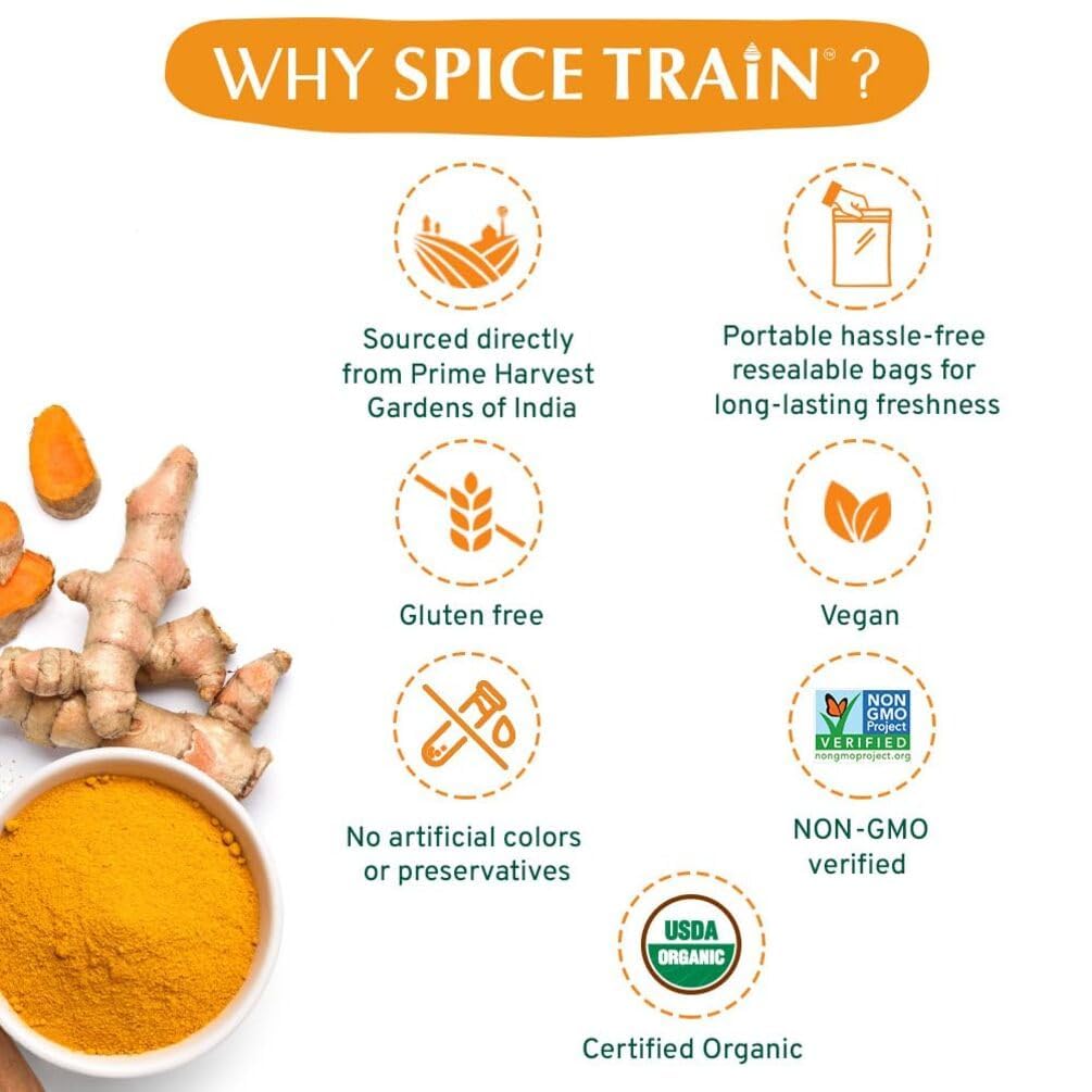 SPICE TRAIN, Organic Turmeric Powder with Curcumin (397g/14oz) Lab Tested for Heavy Metal | USDA Organic, Gluten Free & Vegan | Made from Turmeric Root | Raw Turmeric Powdered Organic from India