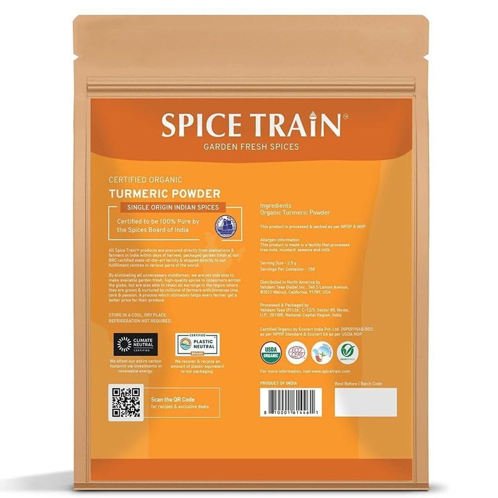 SPICE TRAIN, Organic Turmeric Powder with Curcumin (397g/14oz) Lab Tested for Heavy Metal | USDA Organic, Gluten Free & Vegan | Made from Turmeric Root | Raw Turmeric Powdered Organic from India