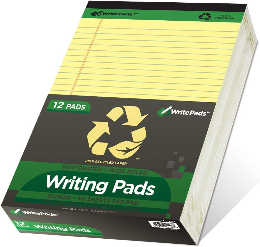 KAISA Legal Pads Writing Pads Recycled Paper, 8.5"x11.75" Wide Ruled Perforated 50 sheets Notepads 8-1/2"x 11-3/4" Writed Pad, Canary (Pack of 12pc) KSU-5668