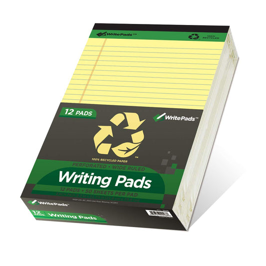 KAISA Legal Pads Writing Pads Recycled Paper, 8.5"x11.75" Wide Ruled Perforated 50 sheets Notepads 8-1/2"x 11-3/4" Writed Pad, Canary (Pack of 12pc) KSU-5668