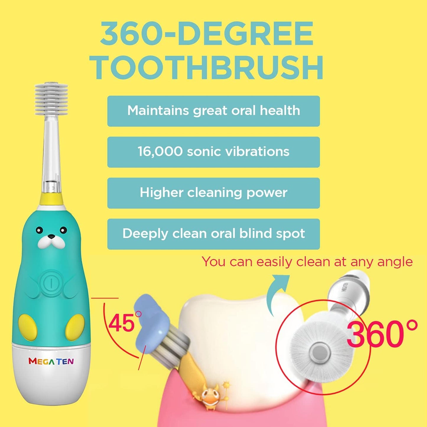 MEGATEN 360-Degree Kids Electric Toothbrush Made in Korea | LED Light & Soft Microfiber Bristles & Comfortable Grip | Fun & Easy Brushing for Kids 12-48 Months | Built-in Timer | BPA Free | Sea Otter