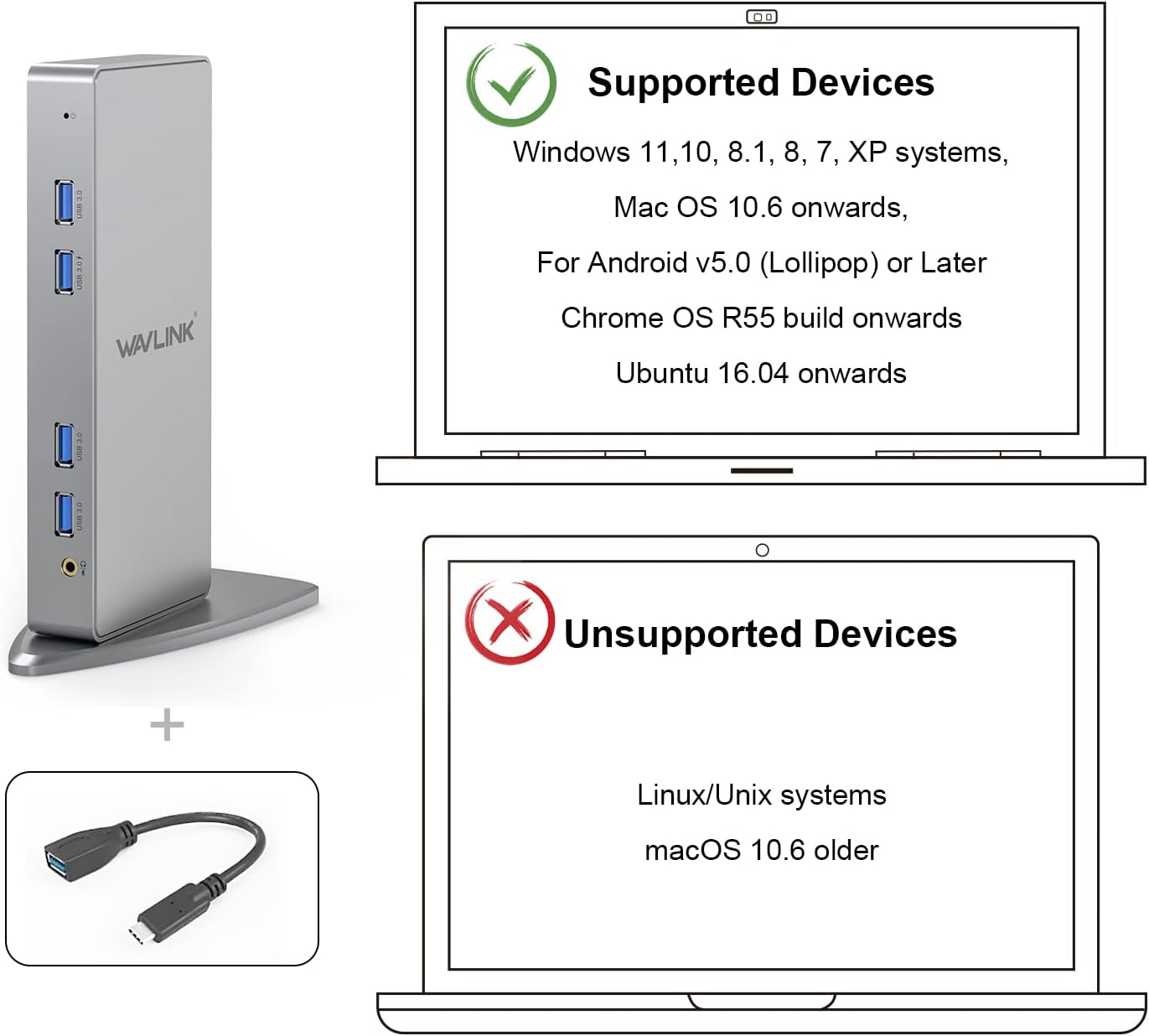 WAVLINK USB 3.0 and USB C Universal Laptop Docking Station Dual Video Monitor Display HDMI, DVI & VGA, 6 USB 3.0 Ports, Gigabit Ethernet, Audio, Support Windows,MacOS 10.14 Later, Ubuntu 20.04,22.04