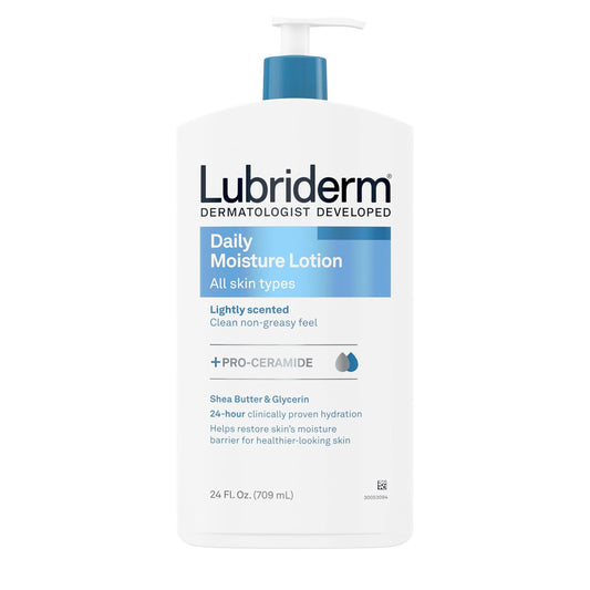 Lubriderm Daily Moisture Lotion + Pro-Ceramide with Shea Butter and Glycerin Helps Moisturize Dry Skin, Hydrating Face, Hand and Body Lotion, Lightly Scented, Non-Greasy, 24 FL OZ