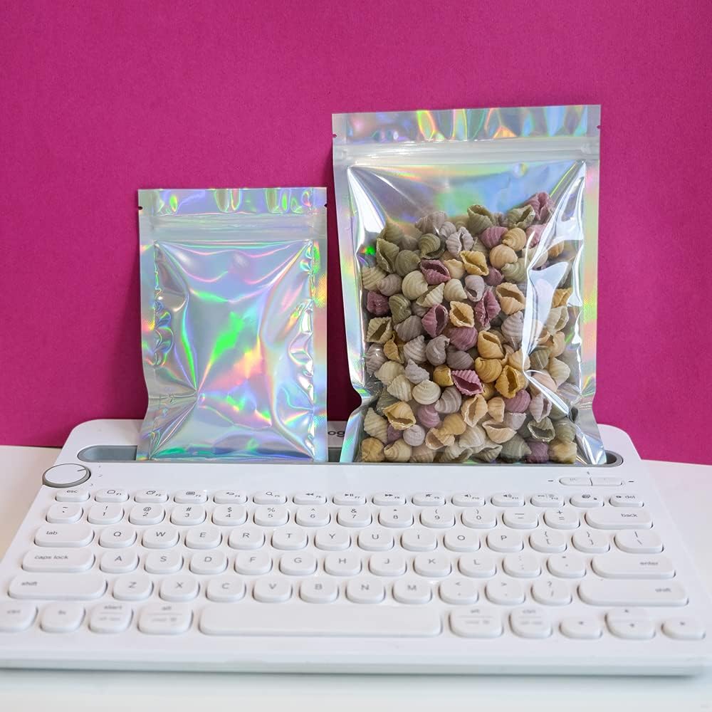 100 Pieces Mylar Holographic Resealable Bags - 4 x 6" Smell Proof Bags, Foil Pouch Ziplock Bags for Party Favor Food Storage (Holographic Color, 4 x 6 Inch)