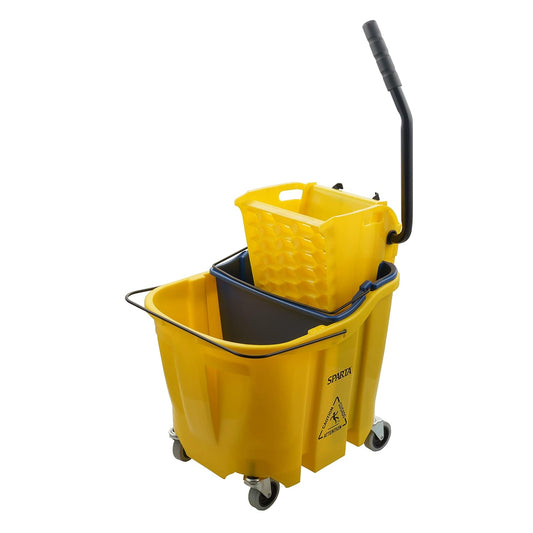 Carlisle FoodService Products Omnifit Mop Bucket with Side Press Wringer and Soiled Water Insert for Floor Cleaning, Kitchens, Restaurants, And Janitorial Use, Polypropylene (Pp), 35 Quarts, Yellow