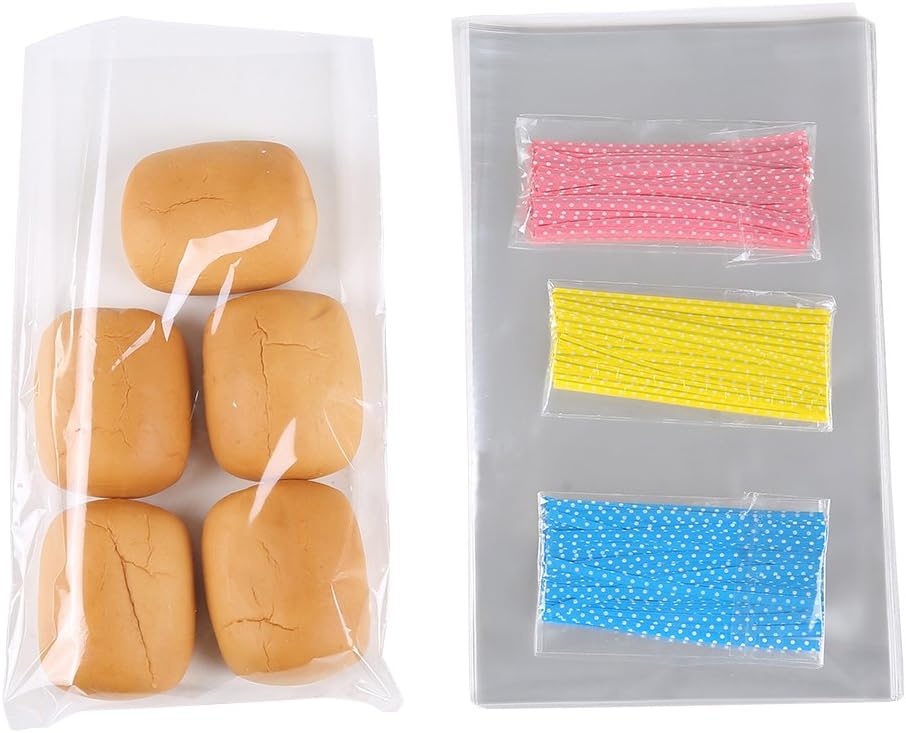 100 Pcs 10 in x 6 in Clear Flat Cello Cellophane Treat Bags Good for Bakery, Cookies, Candies,Dessert(by Brandon)1.4mil.Give Metallic Twist Ties!