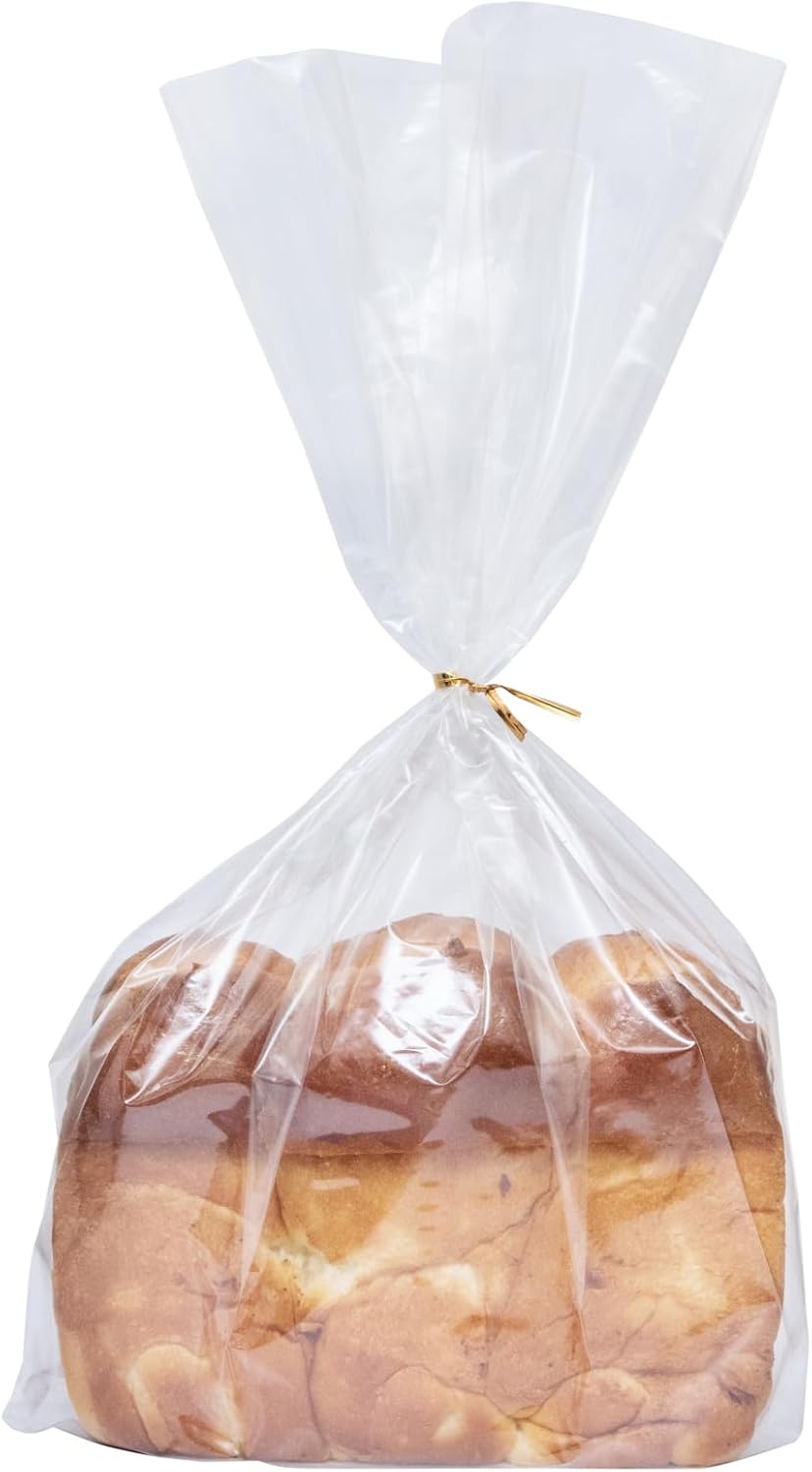 Wowfit Bread Poly Bags – Pack of 100 Entirely Transparent Clear Bakery Bags – Bread Loaf Packaging Bags with 100 Gold Twist Ties – 8x4x18-Inch Grocery Bread Bags