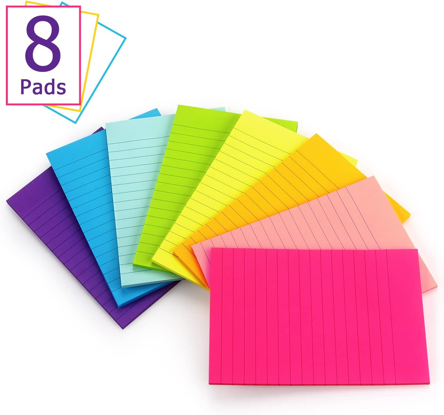 8 Pads Lined Sticky Notes 4x6 Sticky Notes with Lines Self-Stick Note Pads 8 Bright Multi Colors, 35 Sheet/Pad