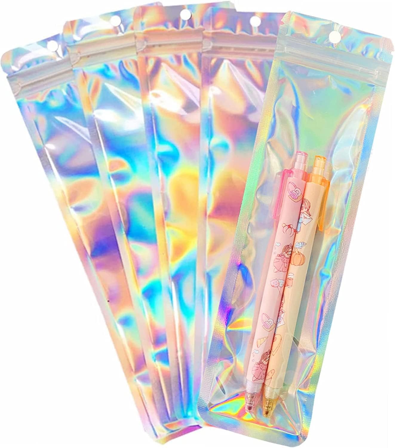 100pcs Pen Bags Holographic Ziplock Packaging Bag Pen Packaging Bags for Small Business 2.4x9 inch Resealable Sample Bags for Packaging Lipgloss,Jewelry,Cosmetic