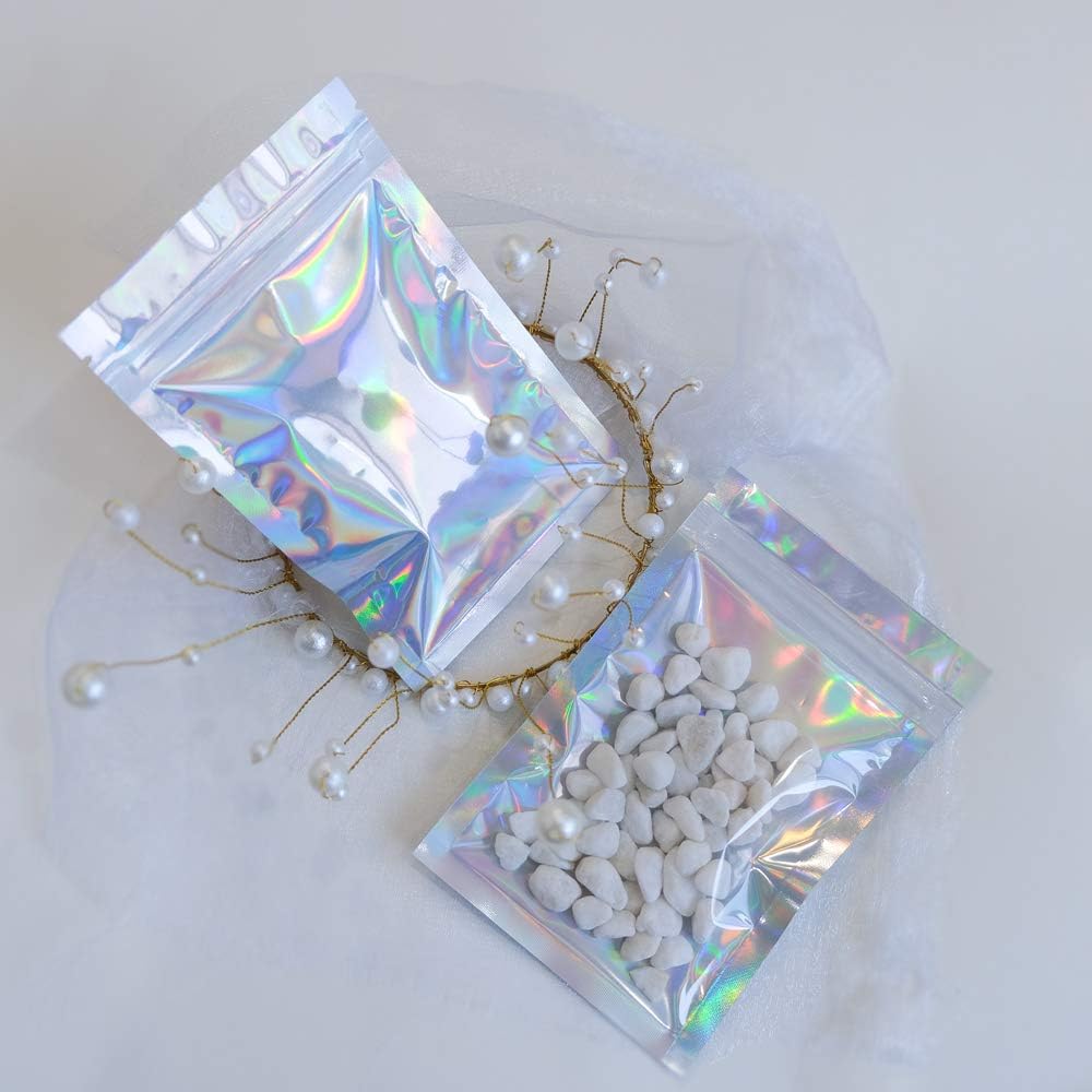 100 Pieces Mylar Holographic Resealable Bags - 4 x 6" Smell Proof Bags, Foil Pouch Ziplock Bags for Party Favor Food Storage (Holographic Color, 4 x 6 Inch)