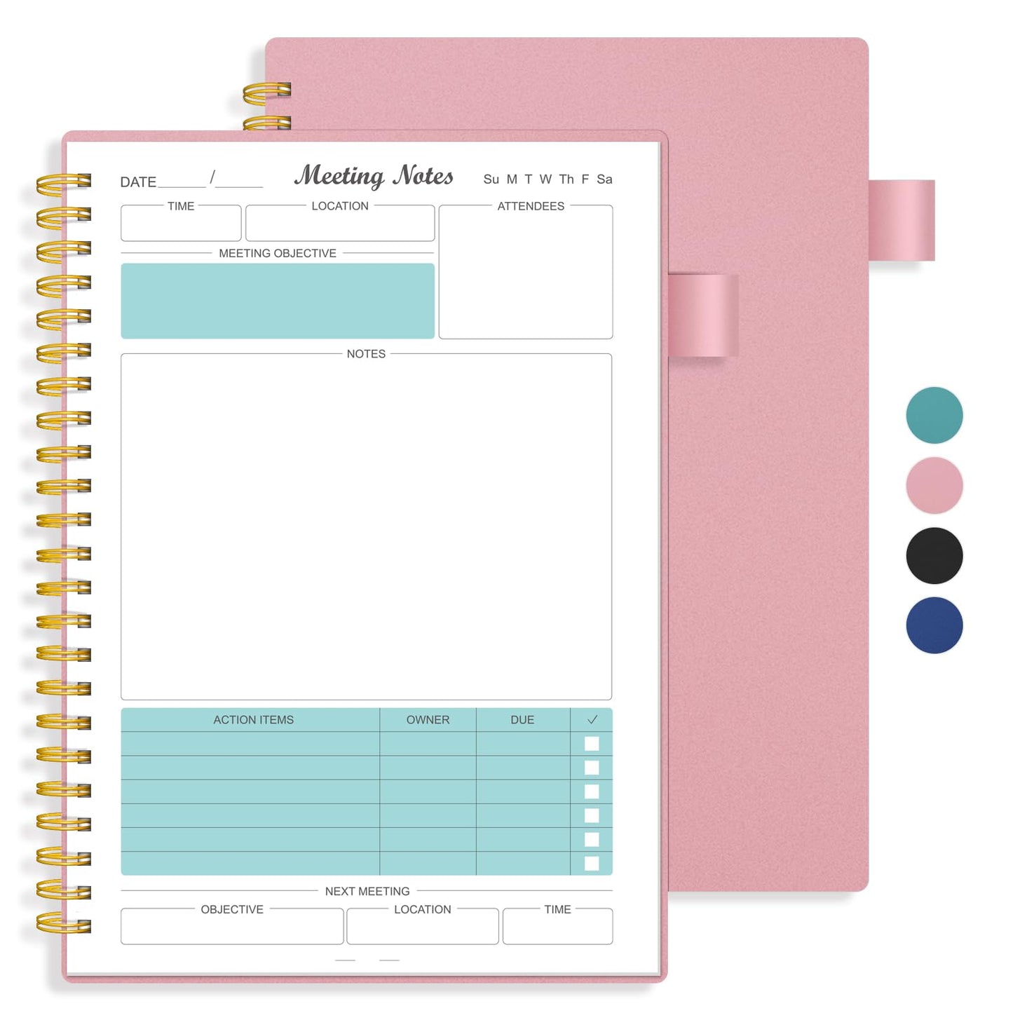 Meeting Notebook for Work Organization, Simplified Notebooks for Work with Action Items, Spiral Meeting Agenda Minutes Notebook Organizer,Aesthetic Office Supplies for Project Planner, Pink, 8.5"x5.5"