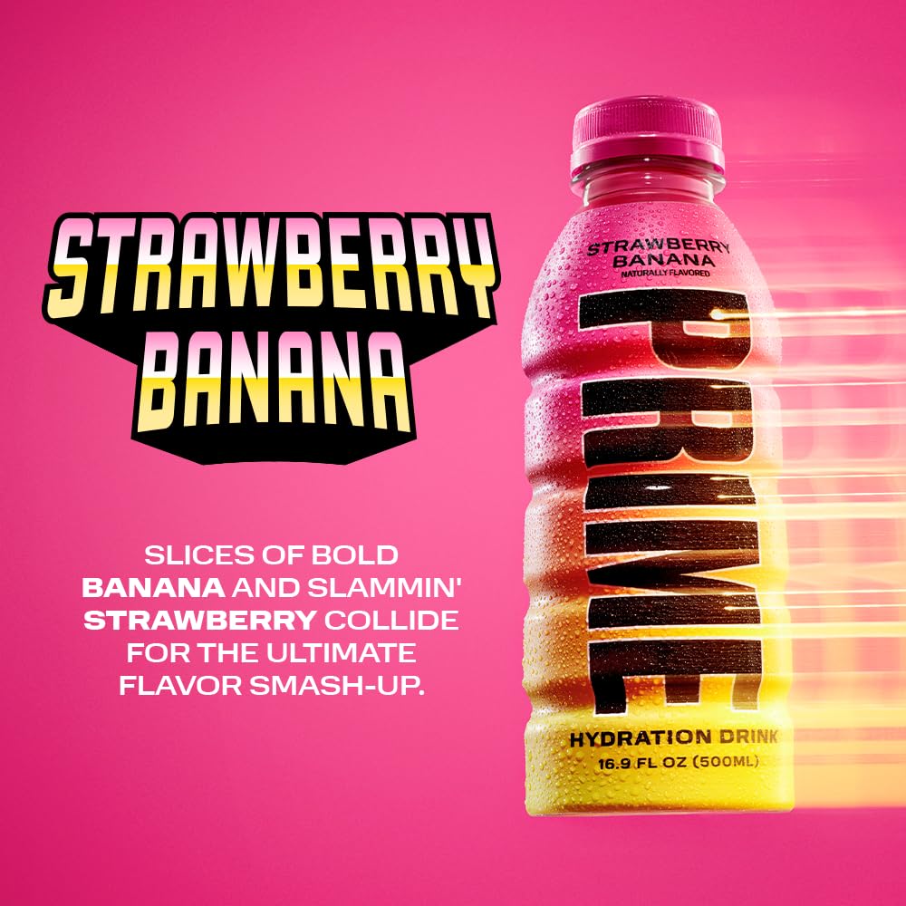 PRIME Hydration STRAWBERRY BANANA | Sports Drinks | Electrolyte Enhanced for Ultimate Hydration | 250mg BCAAs | B Vitamins | Antioxidants | 1g Of Sugar | 16.9 Fluid Ounce | 12 Pack