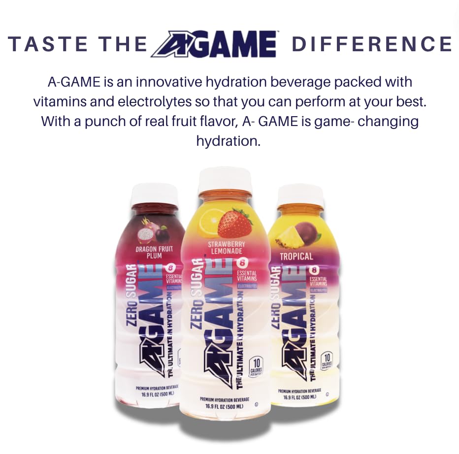 A-Game Zero Sugar Sports Drink, Strawberry Lemonade Zero, Sugar Free Hydration Sports Beverage, 8 Vitamins Plus Electrolytes, Natural Flavors, Gluten Free & Keto Friendly, 16.9 Fl Oz (Pack of 12)