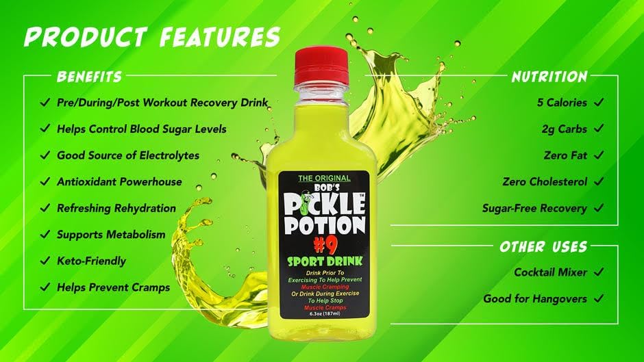 Bob's Pickle Potion #9 - Electrolyte Pickle Shot - Rehydration & Cramp Relief - Sports Drink Shot Zero Caffeine & Gluten-Free - 6.3 oz (Pack of 18)