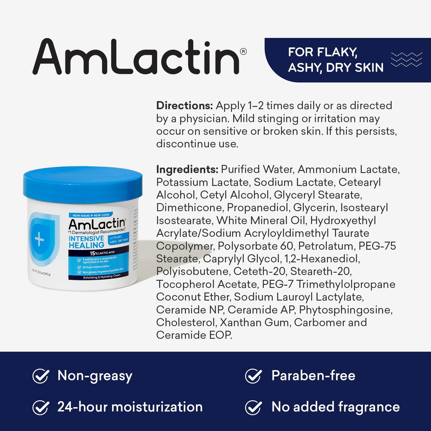 AmLactin Intensive Healing Body Cream – 12 oz Tub – 2-in-1 Exfoliator and Moisturizer for Dry Skin with 15% Lactic Acid and Ceramides for 24-Hour Moisturization