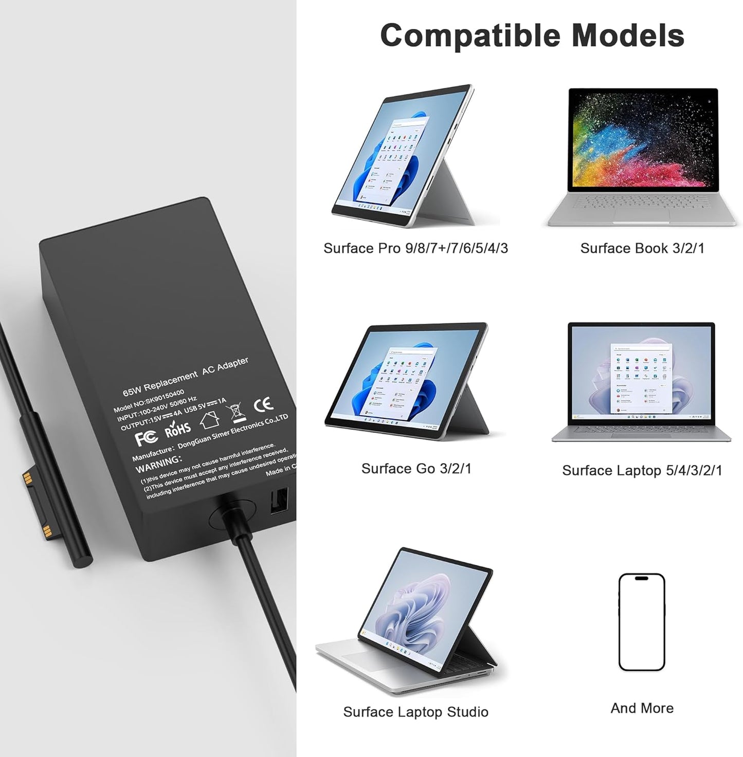 Replacement for Microsoft Surface Charger,65W Surface Pro Charger,Compatible with Surface Pro 9,8,7,6,5,4,3,X Surface Laptop 5,4,3,2,1 Surface Go 3,2,1 Surface Book 3,2,1 and Windows Laptop Charger