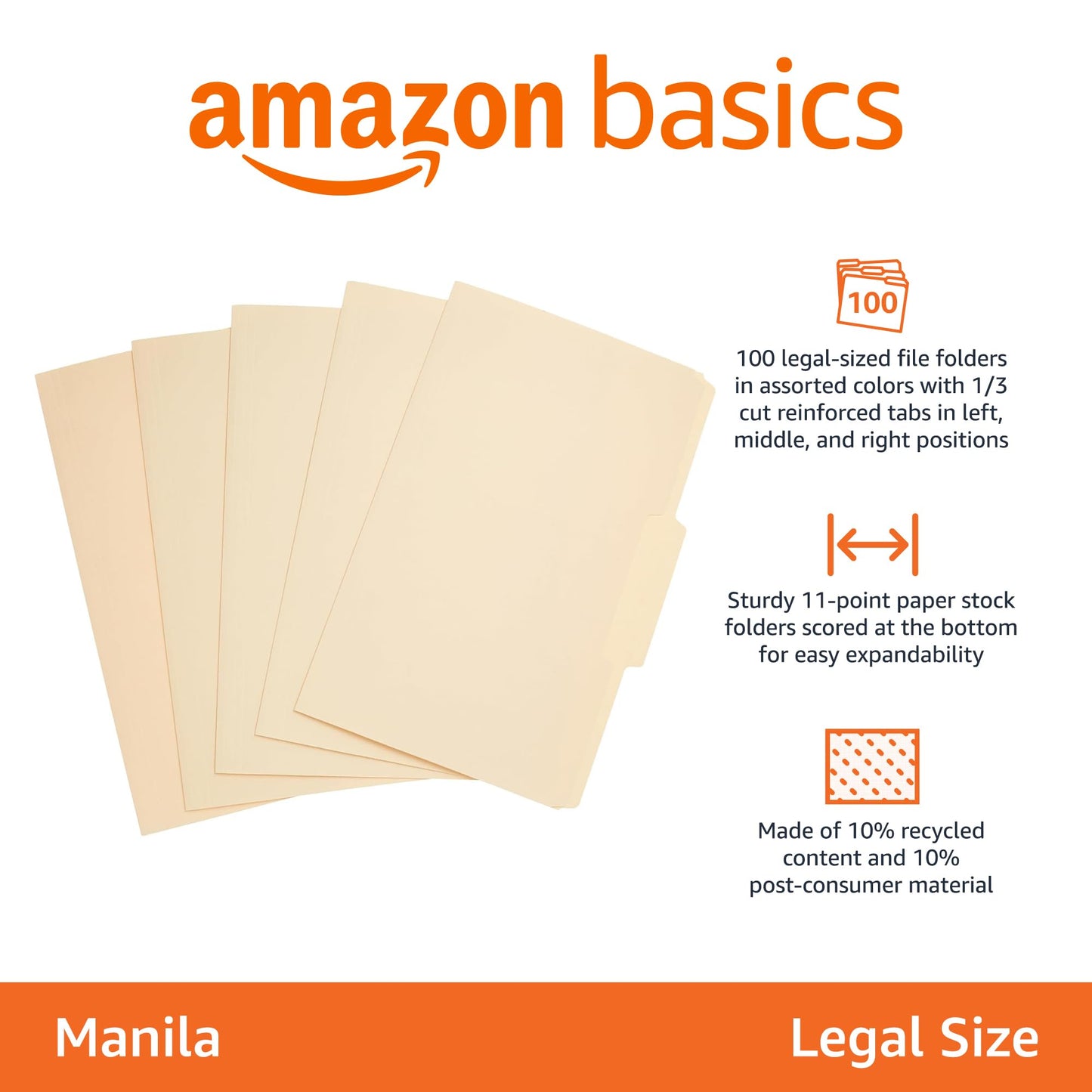 Amazon Basics 1/3-Cut Tab, Assorted Positions File Folders, Letter Size, Manila - Pack of 100