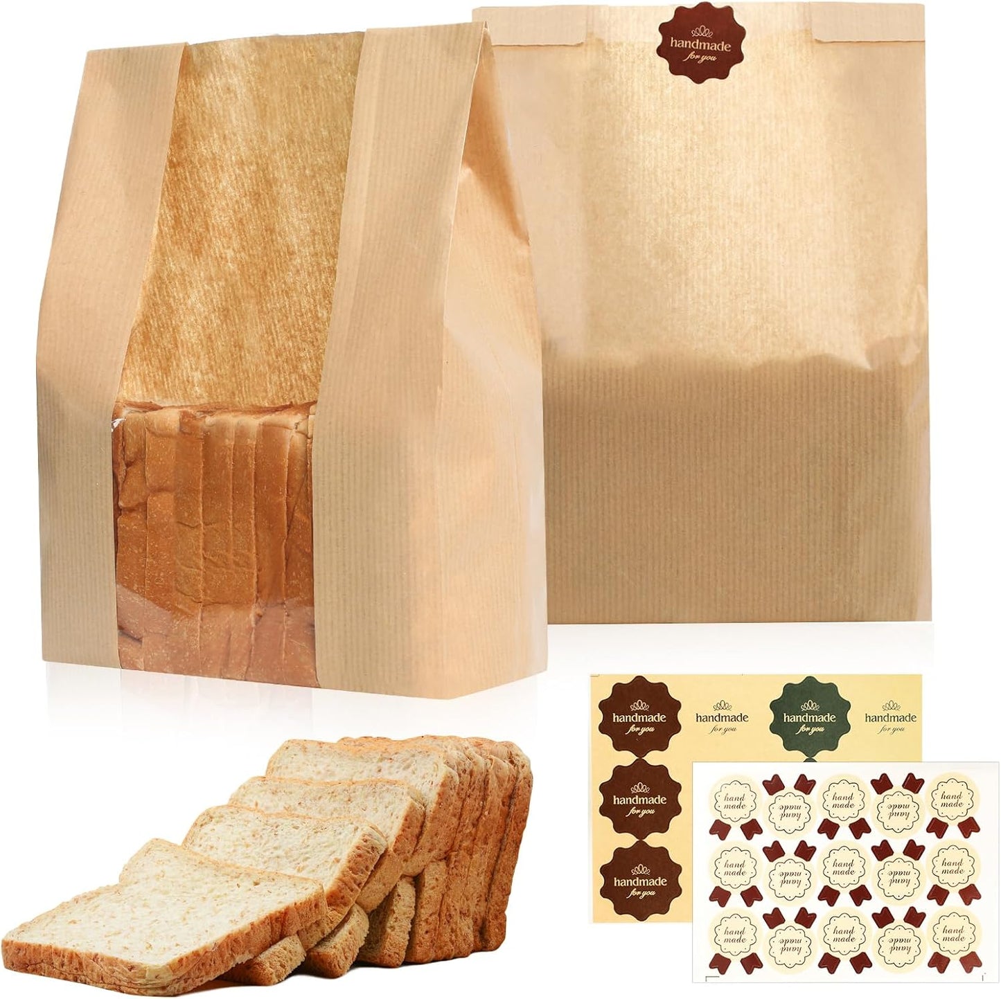 Funcoo 25 Pcs Paper Bread Bag for Home Bread Sourdough Bread Bakery Storage Bags with Window，Large Bakery Bread Loaf Bags for Baked Goods Packaging, Label Seal sticker included