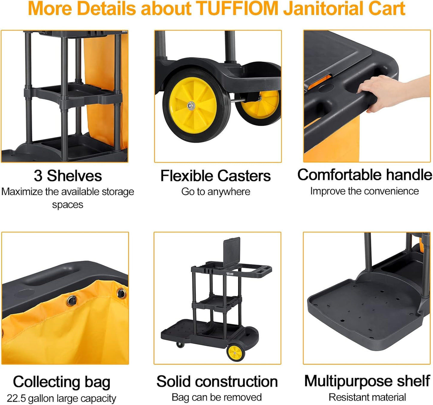 TUFFIOM Commercial Traditional Cleaning Janitorial 3-Shelf Cart, 500 Lbs Capacity Housekeeping Cart, 42.5" L x 18.7" W x 37.6" H, Wheeled with 22 Gallon Yellow VinylBag and Cover w Lid, Black