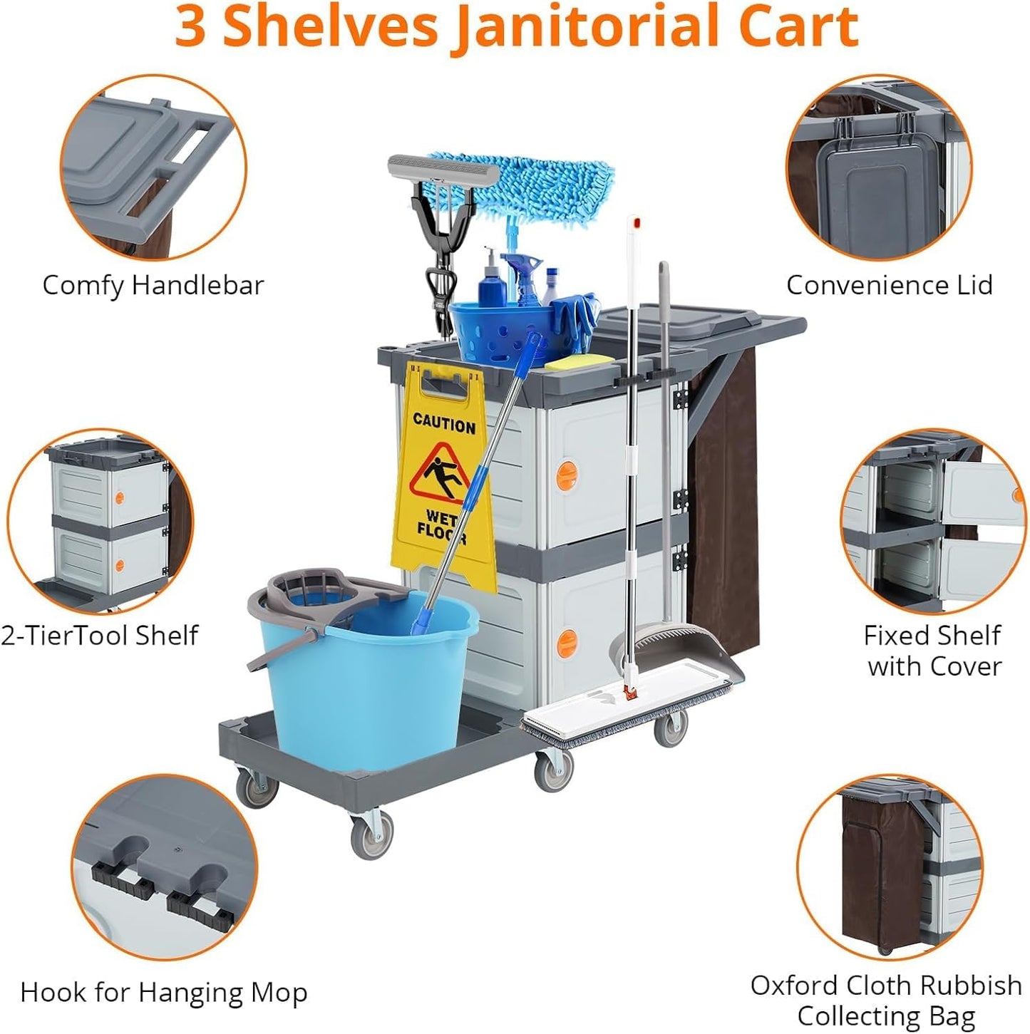 Garvee Commercial Janitorial Cart with 2 Cabinet, Commercial Traditional Janitorial 3-Shelf Cleaning Cart on Wheels with Cover and Vinyl Bag, Custodial Cart, Housekeeping Carts for Hotels Apartment