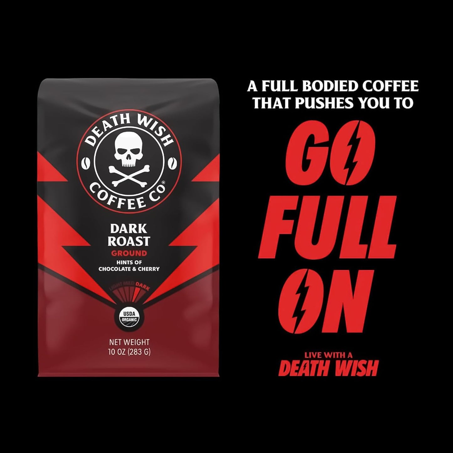 Death Wish Coffee Co., Organic and Fair Trade Dark Roast Ground Coffee, 16 oz