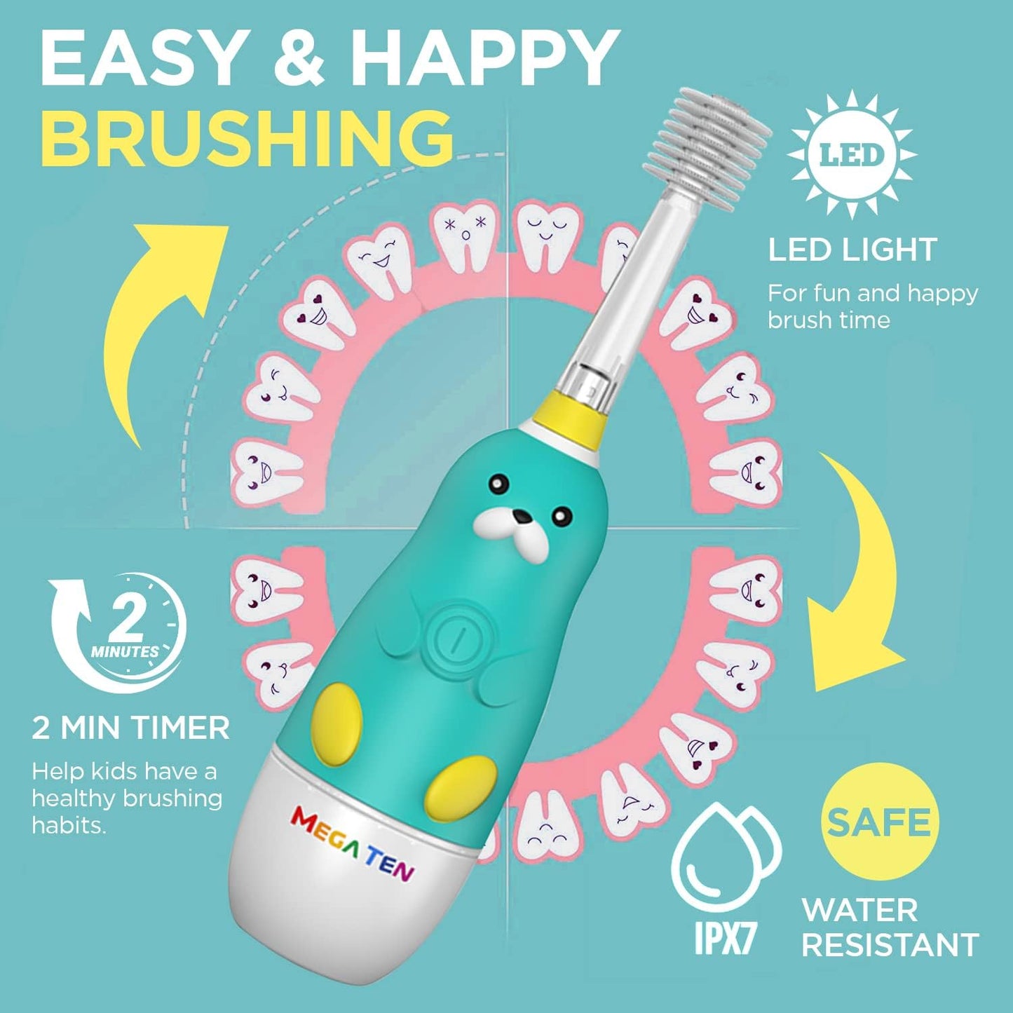 MEGATEN 360-Degree Kids Electric Toothbrush Made in Korea | LED Light & Soft Microfiber Bristles & Comfortable Grip | Fun & Easy Brushing for Kids 12-48 Months | Built-in Timer | BPA Free | Sea Otter