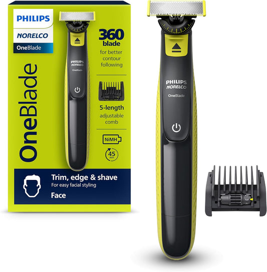 Philips Norelco OneBlade 360 Face, Hybrid Electric Beard Trimmer and Shaver with 5-in-1 Face Stubble Comb, Frustration Free Packaging, QP2724/90