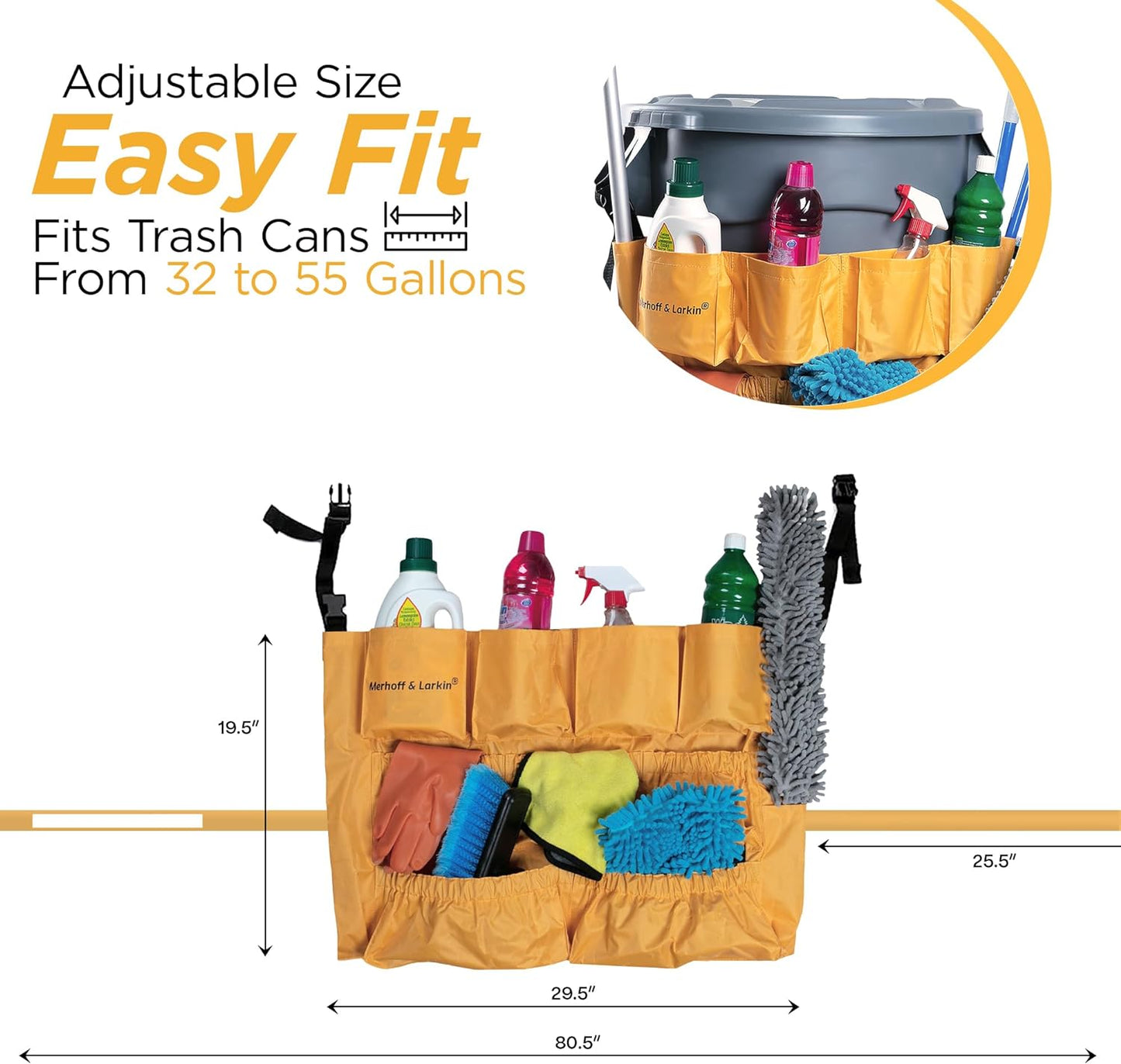 Yellow Trash Can Caddy Bags For Garbage Bins | Brute Compatible | Fits 32-55 Gallon Can | Heavy Duty Vinyl | Large Commercial Size | Organizer For Cleaning, Maid, & Janitorial Duty (2 Pack)