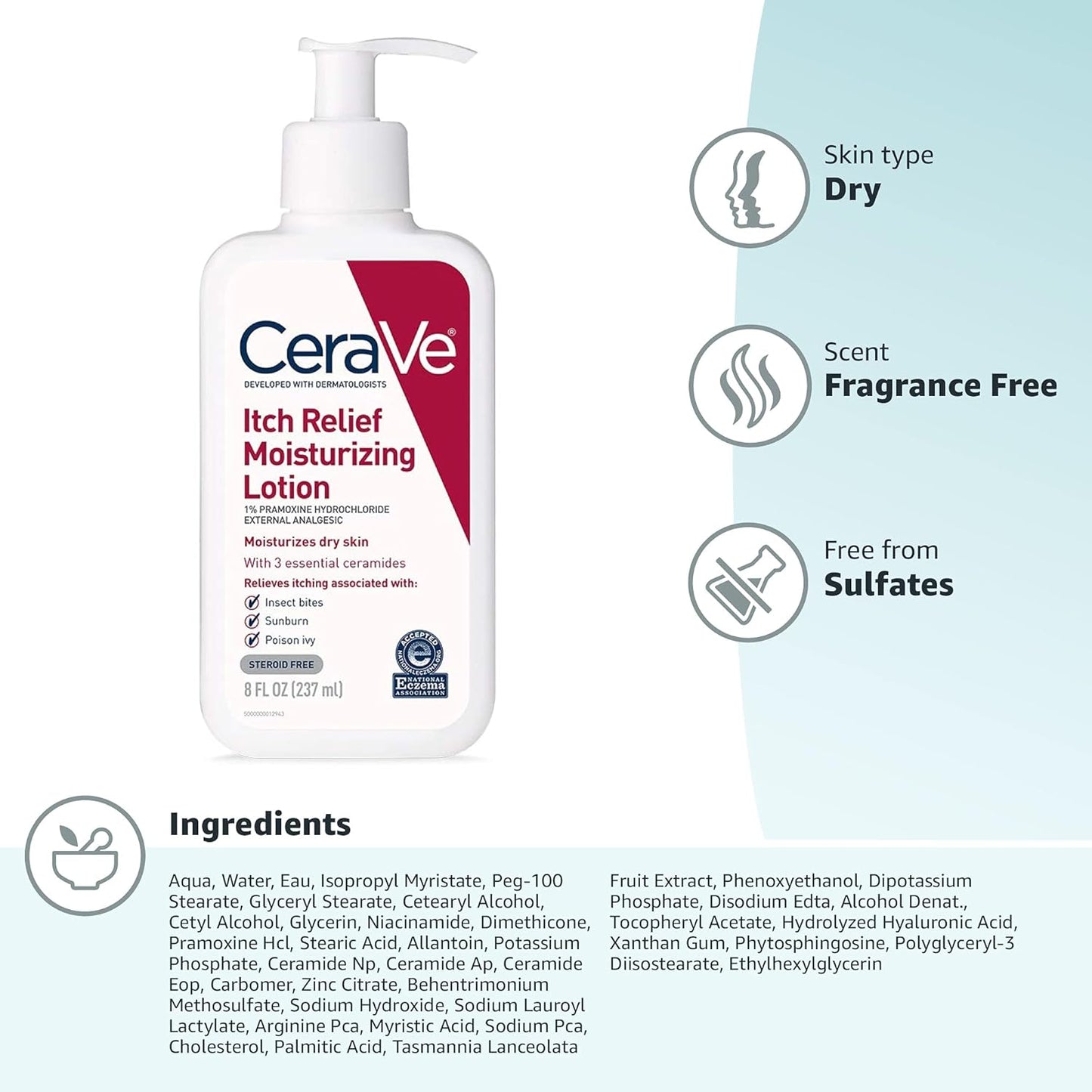 CeraVe Anti Itch Moisturizing Lotion with Pramoxine Hydrochloride | Relieves Itch with Minor Skin Irritations, Sunburn Relief, Bug Bites | 8 Ounce