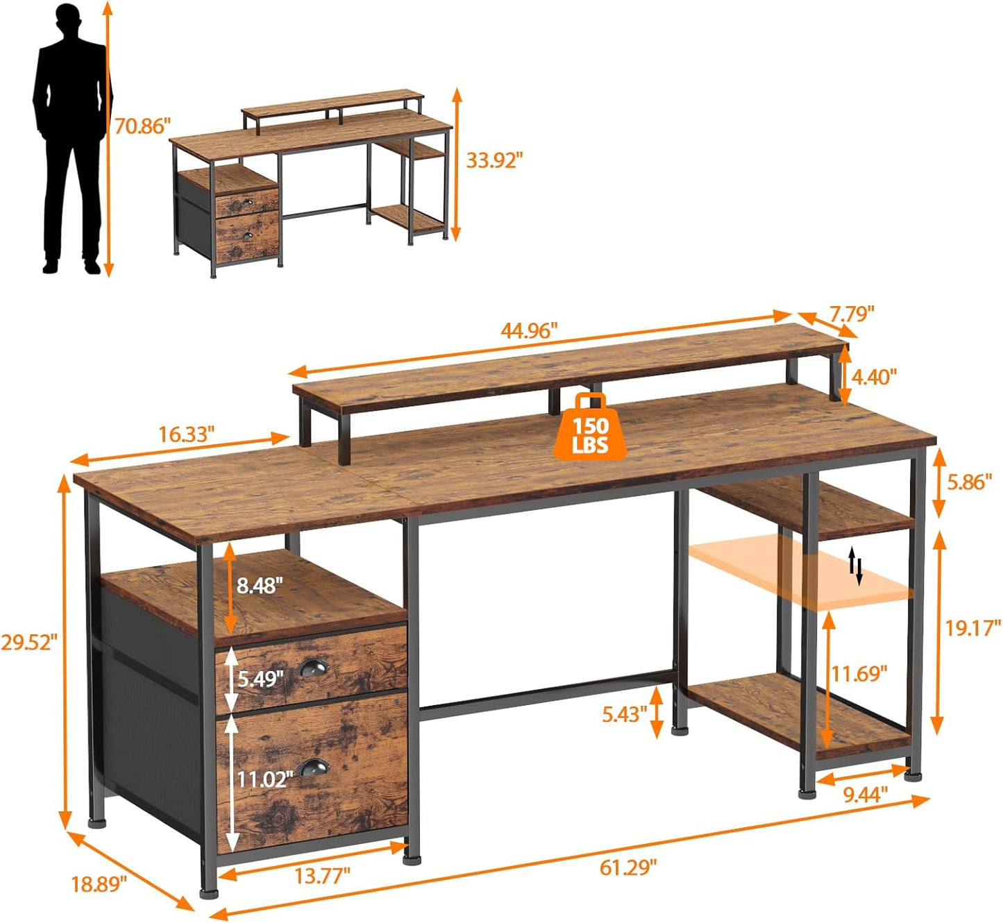 Furologee 61" Desk with Fabric File Drawer, Reversible Computer Desk with Shelves and Drawer, Industrial Writing Desk with Monitor Stand, Long Study Table Workstation for Home Office, Rustic Brown