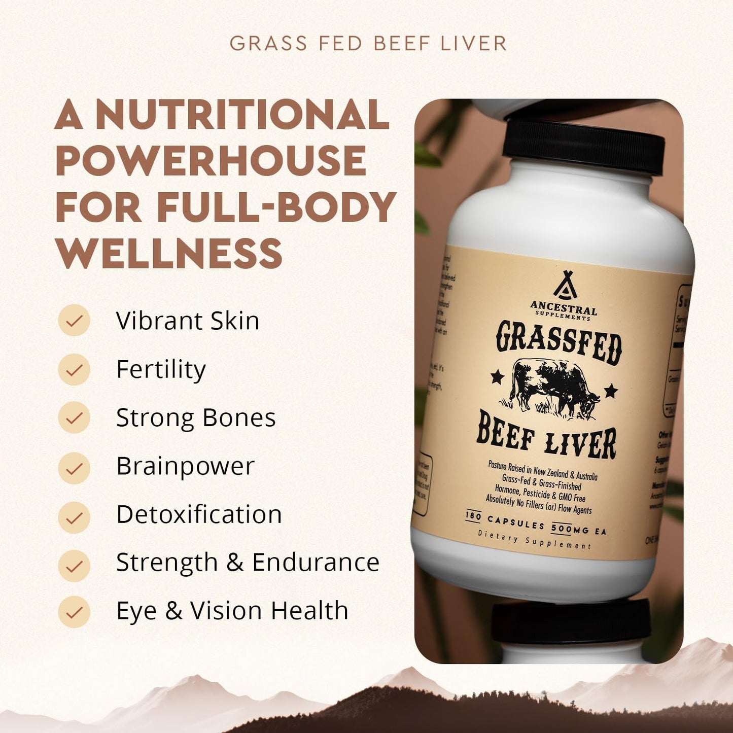 Ancestral Supplements Grass Fed Beef Liver 180 Capsules, Supports Energy Production, Detoxification, Digestion, Immunity and Full Body Wellness, Non-GMO, Freeze Dried Liver Health Supplement