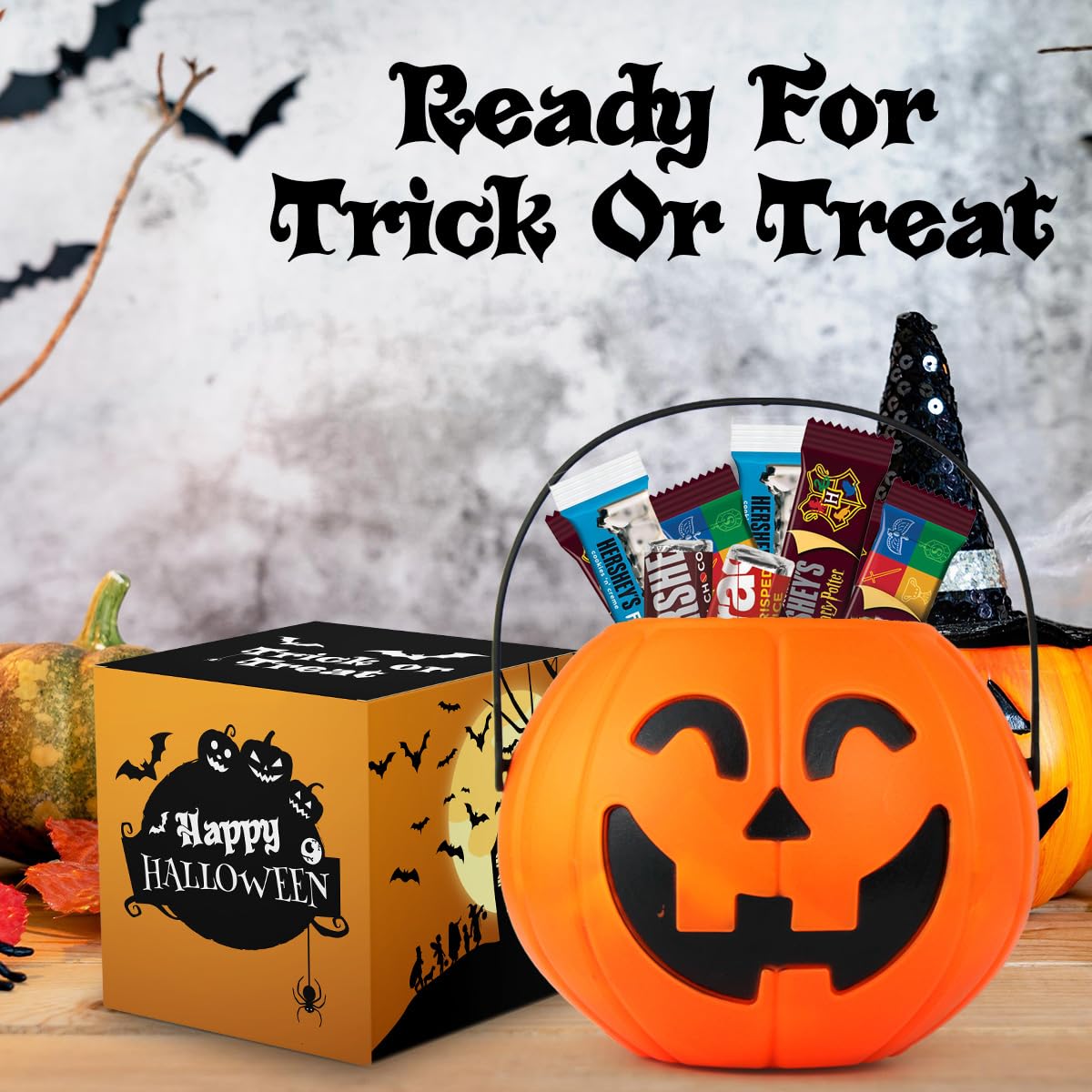 Halloween Candy Gift Basket for Kids and Adults - Trick or Treat Pumpkin Bucket Filled Assorted Halloween Chocolate Candy Sweets Great Care Package Gift Basket for College Students, 90ct, 30oz