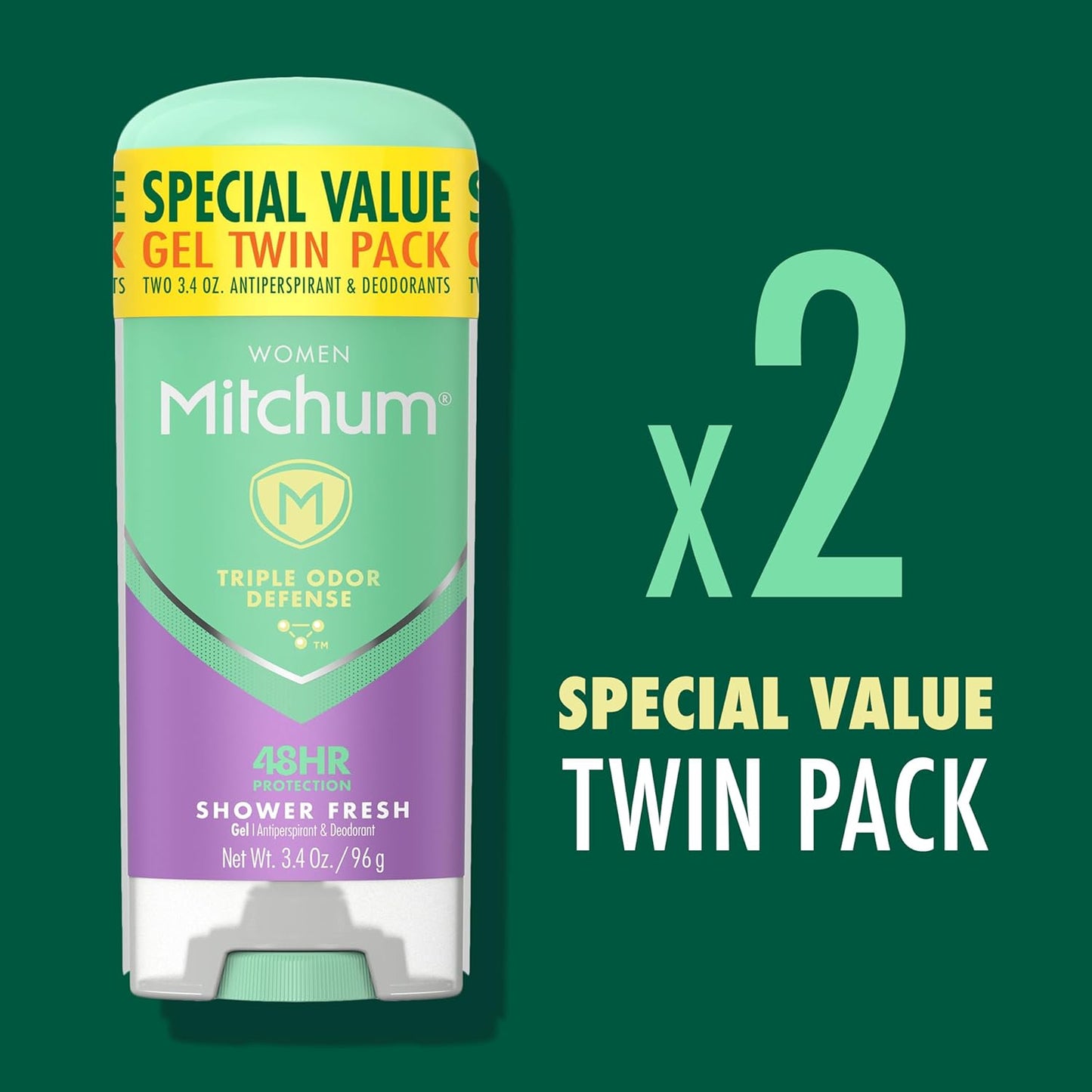 Mitchum Women's Deodorant, Antiperspirant Stick, Triple Odor Defense Gel, 48 Hr Protection, Shower Fresh, 3.4 Oz (Pack of 2)