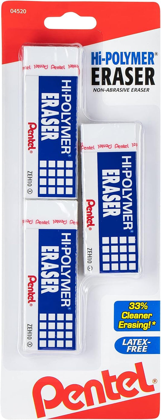 Pentel Hi-Polymer Block Eraser, Large, 3 Pack, White (ZEH10BP3-K6)