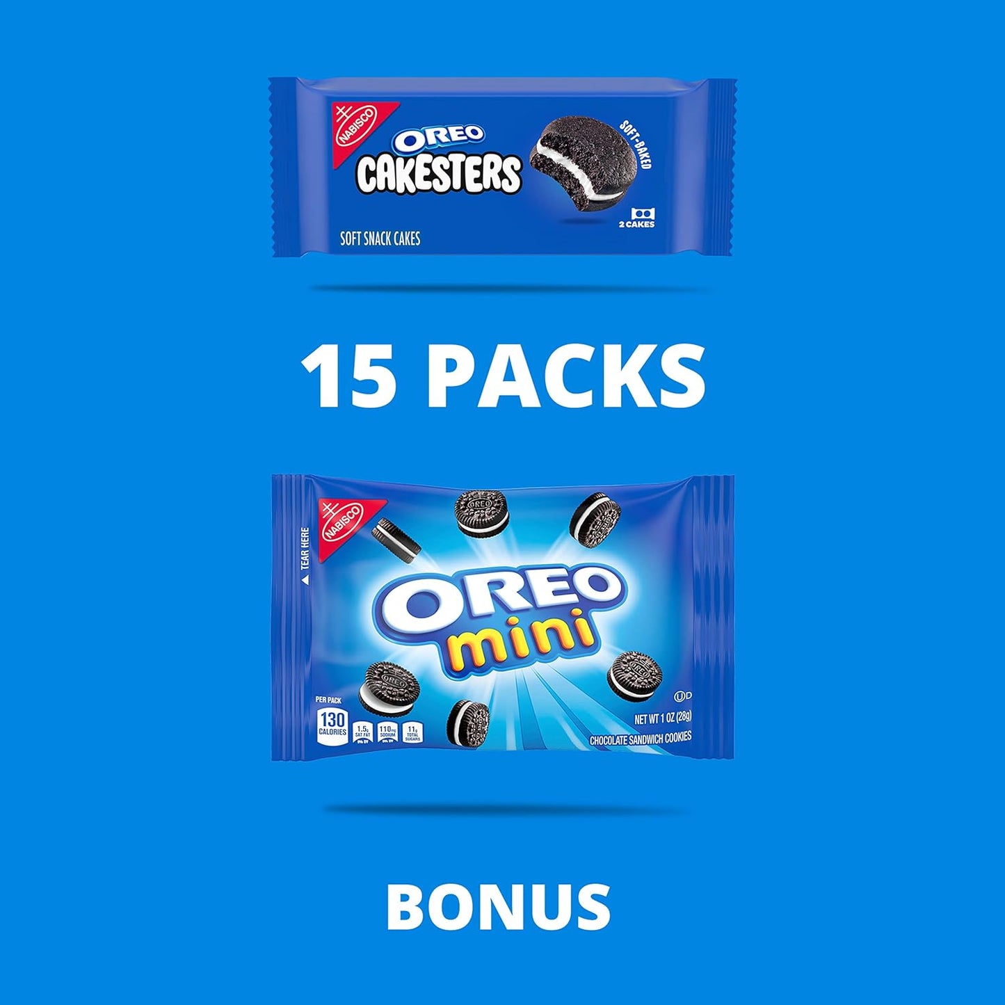 OREO Cakesters Soft Snack Cakes, 3 - 5 Count Packs (15 Total Snack Packs) + Bonus OREO Mini Cookie Snack Pack